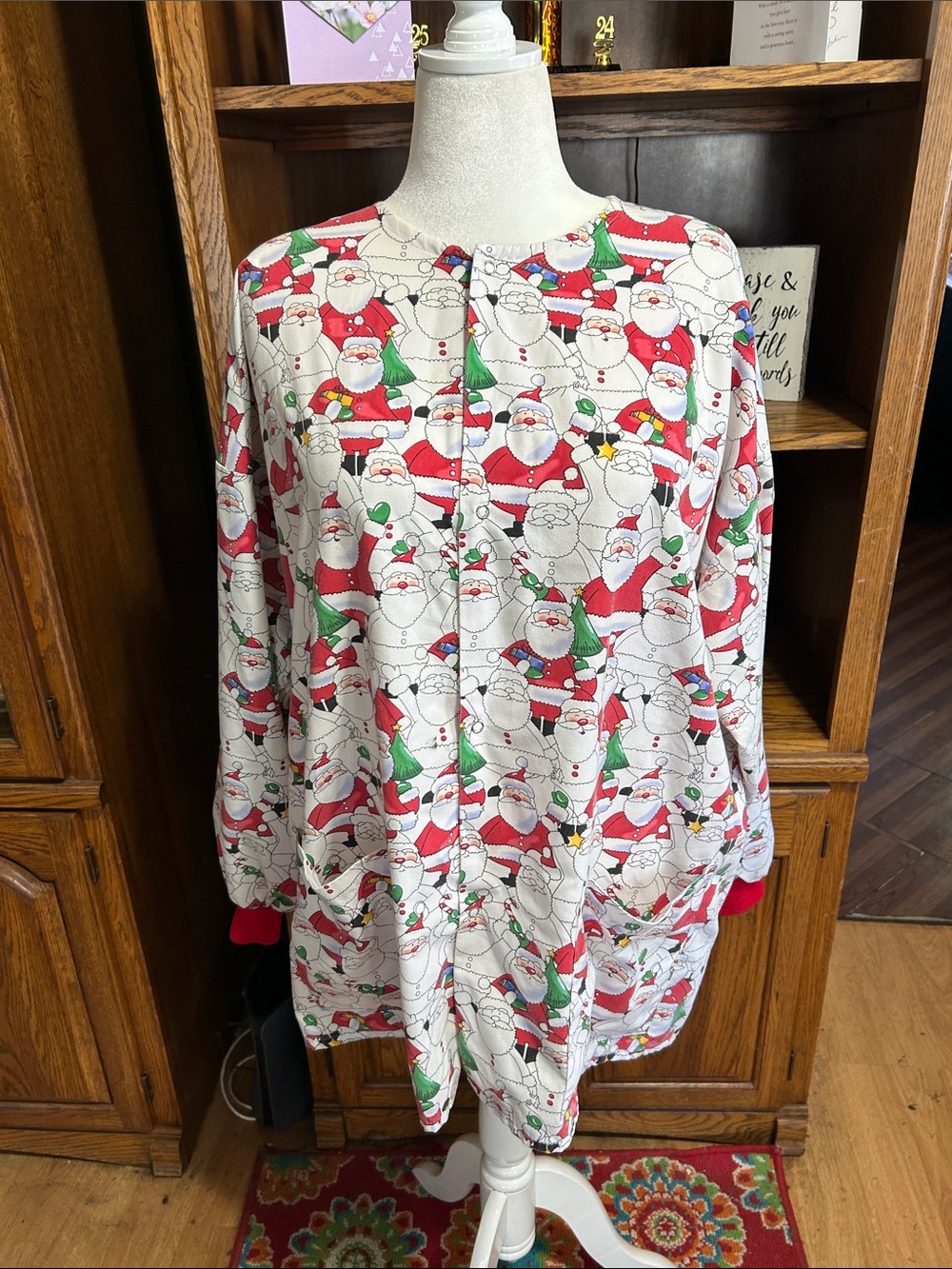 Vintage Festive Santa Print Holiday Button-Up Top - Medical Scrub Top 2X